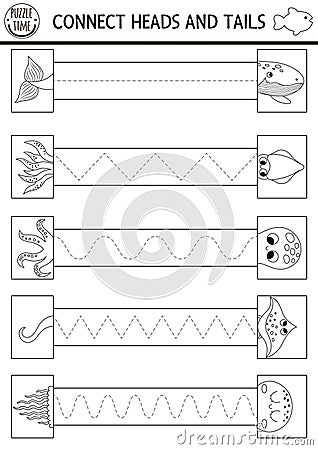 Vector under the sea handwriting practice worksheet. Ocean life printable black and white activity for preschool children. Tracing Vector Illustration