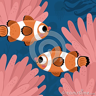 Vector under the sea landscape illustration with clown fish and actinia. Ocean life scene with sand, seaweeds, corals, reefs. Cute Vector Illustration