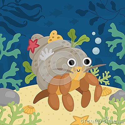 Vector under the sea landscape illustration with hermit crab. Ocean life scene with sand, seaweeds, corals, reefs. Cute square Vector Illustration