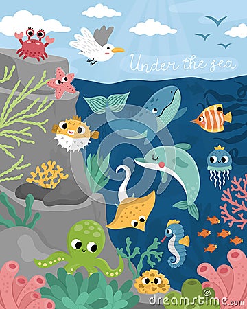 Vector under the sea landscape illustration with rock slope. Ocean life scene with animals, dolphin, whale, shark, seagull, sun. Vector Illustration