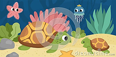 Vector under the sea landscape illustration with tortoise and baby. Ocean life scene with sand, seaweeds, corals, reefs. Cute Vector Illustration