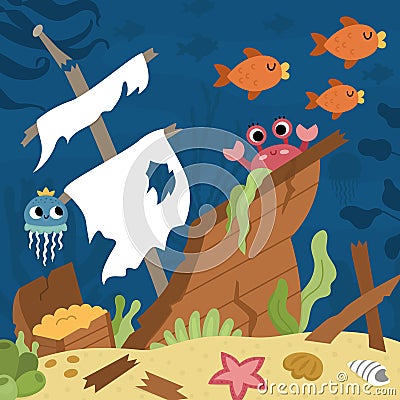 Vector under the sea landscape illustration with wrecked ship and treasure chest. Ocean life scene with sand, seaweeds, corals, Vector Illustration