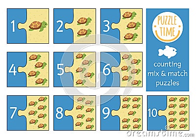 Vector under the sea mix and match puzzle with cute baby turtles. Ocean life matching math activity for children. Educational Vector Illustration