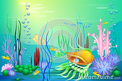 Vector Undersea world with a golden seashell and fish. Different seaweeds and a blue pearl Vector Illustration