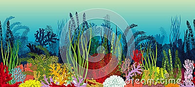 Vector underwater coral reef horizontal seamless pattern. Undersea bottom texture. Vector Illustration