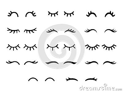 Vector unicorn eyelashes. Cartoon animal eyes. Closed woman eyes. Icon set. Vector Illustration