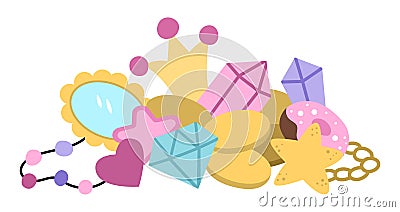 Vector unicorn treasures concept. Pile with cute stars, diamonds, mirror, beads, golden coins, crown, donut. Magic or fairytale Vector Illustration