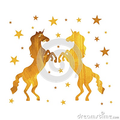 Vector Unicorns, Golden Painting Isoalted on White Background with Stars. Vector Illustration