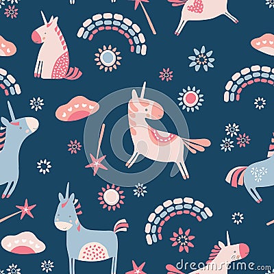 Vector unicorns and rainbows seamless repeat pattern background. Vector Illustration