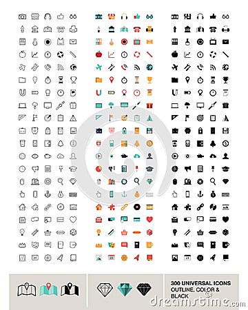 300 vector universal icons made in outline, color and black Vector Illustration