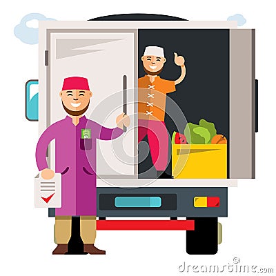 Vector Unloading truck. Flat style colorful Cartoon illustration. Vector Illustration