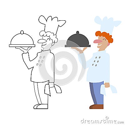 Vector unpainted and colored chef cook. Game, coloring book page for children Vector Illustration