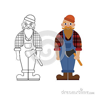 Vector unpainted and colored lumberjack. Game, coloring book page for children Vector Illustration