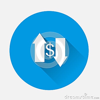 Vector up and down arrow and dollar sign icon on blue background. Flat image with long shadow Vector Illustration
