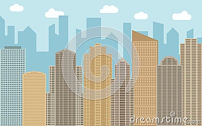 Vector urban landscape illustration. Street view with cityscape, skyscrapers and modern buildings Vector Illustration