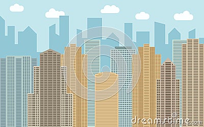 Vector urban landscape illustration. Street view with cityscape, skyscrapers and modern buildings Vector Illustration