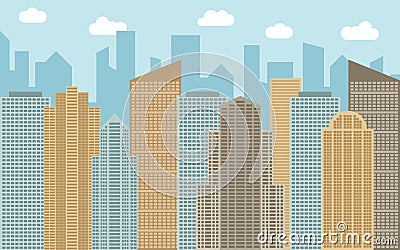 Vector urban landscape illustration. Street view with cityscape, skyscrapers and modern buildings Vector Illustration