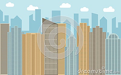 Vector urban landscape illustration. Street view with cityscape, skyscrapers and modern buildings at sunny day. Vector Illustration