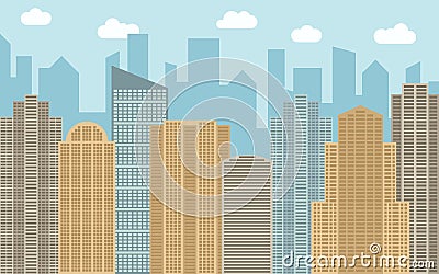 Vector urban landscape illustration. Street view with cityscape, skyscrapers and modern buildings at sunny day Vector Illustration