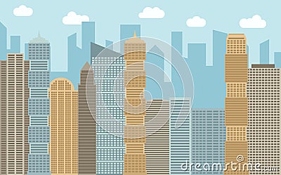 Vector urban landscape illustration. Street view with cityscape, skyscrapers and modern buildings at sunny day. Vector Illustration