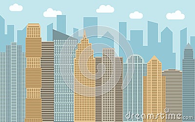 Vector urban landscape illustration. Street view with cityscape, skyscrapers and modern buildings at sunny day. Vector Illustration