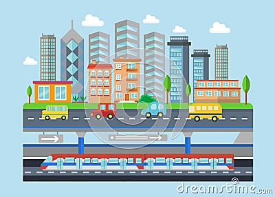 Vector Urban modern city landscape flat concept illustration. Smart city subway, cars, buildings and skyscrapers Vector Illustration