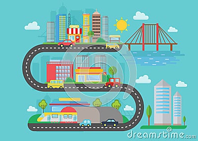 Vector Urban modern city landscape on the s road style concept. Vector Illustration