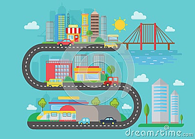 Vector Urban modern city landscape on the s road style concept. Flat illustration. Smart city bridge, cars, buildings Vector Illustration