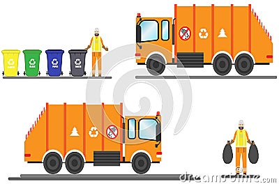 Vector urban sanitary vehicle garbage front loader truck and scavenger. Garbage Man in uniform gathering garbage and plastic waste Vector Illustration