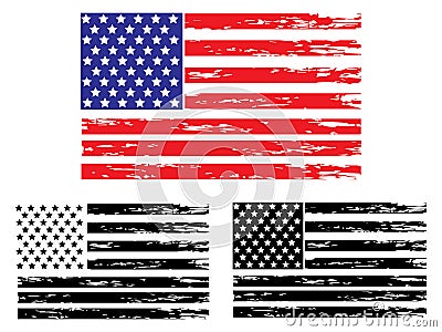 Vector USA grunge flag, painted american symbol of freedom. Set of black and white and colored flags of the united Vector Illustration