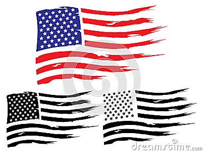 Vector USA grunge flag, painted american symbol of freedom. Set of black and white and colored flags of the united Vector Illustration