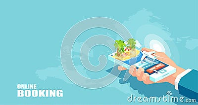 Vector vacation tourism and online booking of airline tickets concept. Buying travel package Vector Illustration