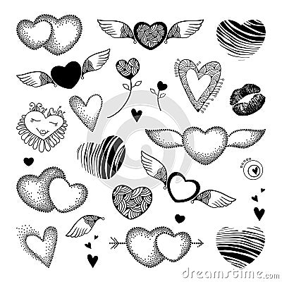 Vector Valentine day set in dotwork and contour style. Lips, dotted and striped heart, wings in black isolated on white background Vector Illustration