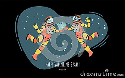 Vector valentine`s day banner with cute couple of astronauts Vector Illustration