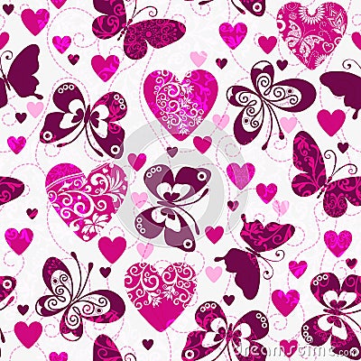 Vector Valentine seamless pattern with purple hearts and butterflies Vector Illustration