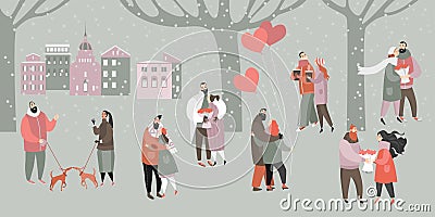Vector Valentines day Illustration with happy couples with bouquets of flowers and balloons in the city park Vector Illustration