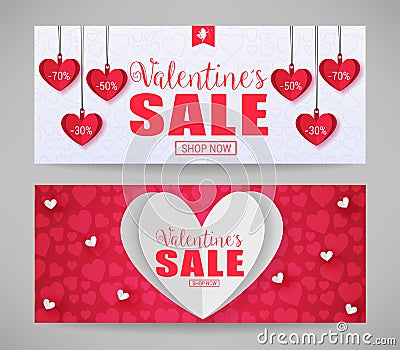 Vector Valentines Sale Shop Now Banners with Paper Hearts Vector Illustration