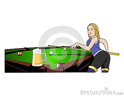 Vector - Vector illustration of a girl plays billiards Cartoon Illustration