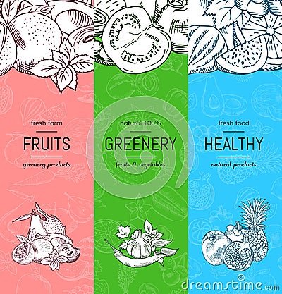 Vector vegan, healthy, organic banner set with doodle sketched fruits and vegetables Vector Illustration