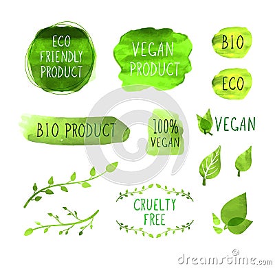 Vector Vegan MenuPackaging Labels Icons Collection, Background Marks. Vector Illustration