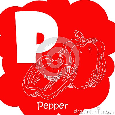 Vector vegetable alphabet for education. Illustration for kids. Letter P for Pepper. Vector Illustration