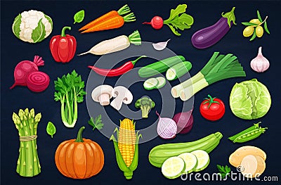 Vector vegetables icons set in cartoon style. Vector Illustration