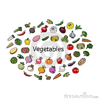 Vector vegetables and word. Vegetarianism. Stock Photo