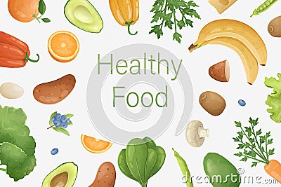 Vector veggie banner or ad template. Healthy food inscription and fresh natural fruits, vegetables and herbs around Vector Illustration