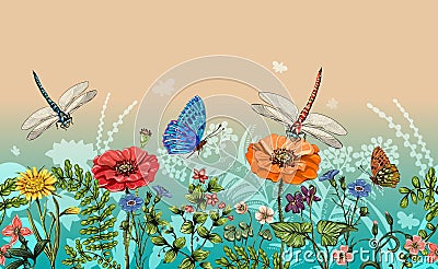 Vector vertical border with dragonflies, butterflies, flowers, grass and plants. Summer style. Seamless nature border Vector Illustration
