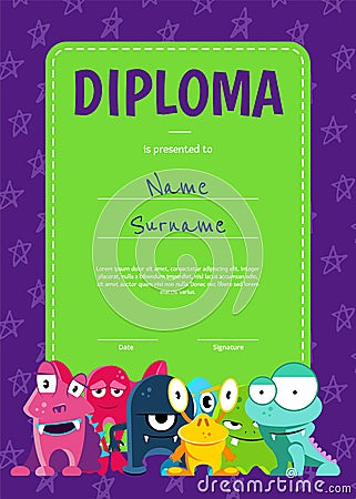 Vector vertical children diploma or certificate with crowd of cute cartoon monsters on stars background Vector Illustration