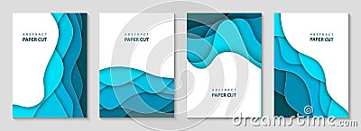 Vector vertical flyers with blue paper cut waves shapes. 3D abstract paper style, design layout for business presentations, flyers Vector Illustration