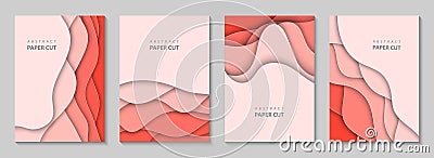 Vector vertical flyers with coral paper cut waves shapes. 3D abstract paper style, design layout for business presentations, Vector Illustration