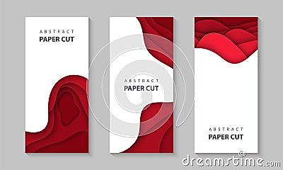 Vector vertical flyers with red color paper cut waves shapes. 3D abstract paper style, design layout for business presentations, Vector Illustration