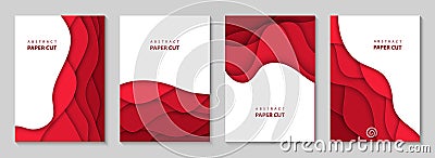 Vector vertical flyers with red paper cut waves shapes. 3D abstract paper style, design layout for business presentations, flyers Vector Illustration